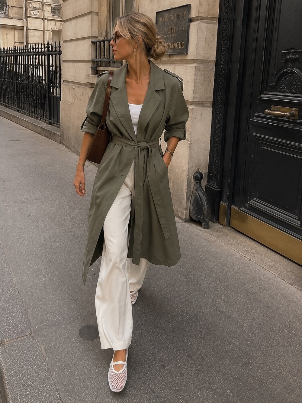 Bershka Olive Tie-Waist Trench Coat